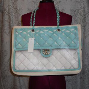 NWT Thursday Friday Aqua/Cream Cotton Tote Bag Snap Closure Some Flaws